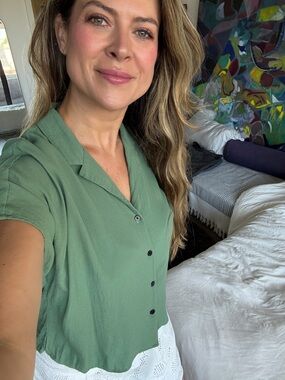 Frank And Oak Draped Camp Collar Blouse | Sage Green | Size L